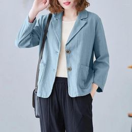 Women's Suits Women Short Cotton And Linen Blazer Coat Female Button Casual Loose Blazers For Thin Outerwear Jacket In Blue Beige Black