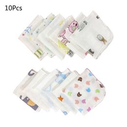 10Pcs Baby Washcloths Set Cute Cartoon Print Double Layer Gauze Infant Face Towel Reusable Wipes Absorbent Burp Cloth 85DE