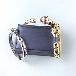 Designer Collection Fashion Style Bracelet Women Lady Plated Gold Colour Black Spots Smooth Surface Green Eyes Leopard Head Panther Open Bangle