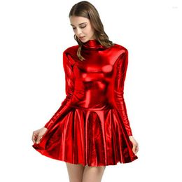 Casual Dresses Women Metallic Turtleneck Shiny Long Sleeve A-line Mini Dress Patent Leather Rave Music Festival Clothes Party Clubwear