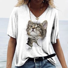 T-Shirt Summer Fashion Comic Cat 3D Print Cotton Short Sleeve Top V-Neck Harajuku Casual Women's Clothing Oversized T-shirt P230523 good