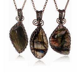 Natural Labradorite Handmade Creative Charm Pendant Bronze Copper Wire Wraping Irregular Stone Retro Pendant Necklace Reiki Healing Jewellery