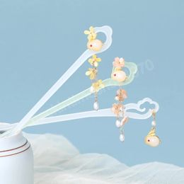 Chinese Style Rabbit Pendant Hair Sticks Women Acetate Chopstick Pearl Flower Tassels Hairpins Tassels Hairpins Hair Accessories