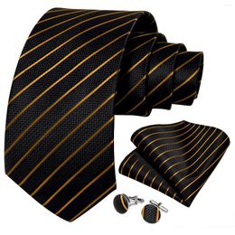 Bow Ties Luxury Gold Striped Silk For Men 8cm Wedding Formal Business Accessories Polyester Necktie Pocket Square Gift Wholesale