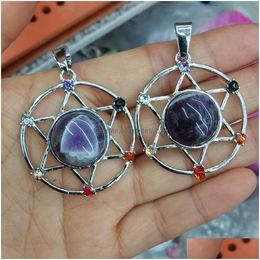 Pendant Necklaces Natural Gemstone Tiger Eye Amethyst Round Pendants Sixpointed Star Chakra Reiki Jewelry Bh001 Drop Delivery Dhfbt