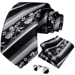 Bow Ties Black White Striped Floral Men's 8cm Silk Polyester Business Party Accessories Neck Tie Set Hanky Cufflinks Husband Gift