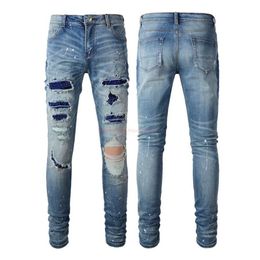 Jeans Designer Clothing Amires Jeans Denim Pants Amies High Street Fashion Brand Blue Diamond Fashion Mens Broken Hole Patch Embedding D