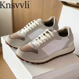 Women Sneakers Suede Patchwork Casual Shoes Lace Up Round Toe Chain Decoration Outdoor Running Shoes Flat Sports Shoes Woman X230523