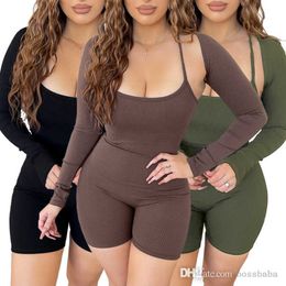 Women Tracksuits Two Pieces Set Designer 2023 New Solid Colour Pit Strip Cape Backless Strap Jumpsuits 3 Colours