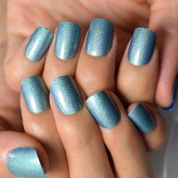 False Nails Shiny Holo Glitter French Fake Nail Squoval Square Glossy Blue Press On UV Full Cover Girl Finger Wear Art Tips
