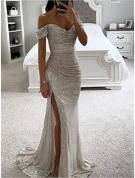 Sparkle Silver Mermaid Women Evening Party Dress 2024 Off Shoulder Sequined Ruched Slit Formal Prom Gowns Arabic Dubai Robe De Soiree