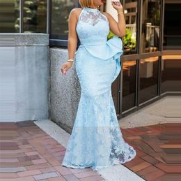 New Mermaid Evening Dresses Halter Prom Party Gown Floor-Length Sweep Train Applique Lace long Plus Size Illusion Custom