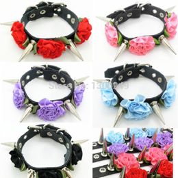 Necklaces New Fashion Harajuku Handmade Spikes Leather Necklace Flower Rivets Collar belt Punk Rock Choker Torque Stud Nut