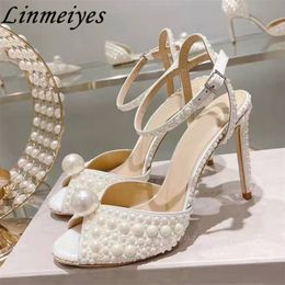 High Gladiator Heel Pearl All Women Peep Toe Runway Shoes Summer Heeled White Sandals Woman Sandalias Mujer ed