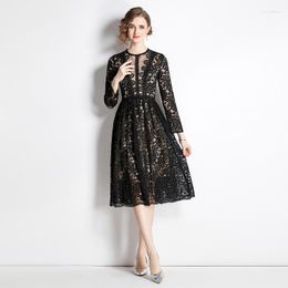 Casual Dresses Long Sleeve Midi Black Lace Dress Women 2023 Summer Autumn Flower Embroidery Prom Vestidos Fashion