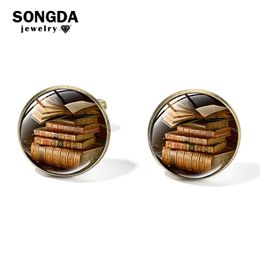 Fashion Vintage Men Cufflinks Bookshelf Library Books Librarians Bronze Color Glass Art Picture Cuff Links Writers Gifts Jewelry