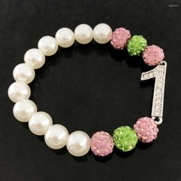 Strand Greek Sorority Pink Green String Initial Number Rhinestone Disco Ball Pearl Charm Bracelet Jewellery