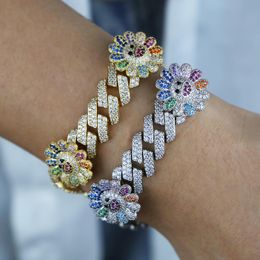 Bracelets bling micro pave cz rainbow Colourful smile flower charm bracelet high quality iced out 12mm cuban link chain for women fashion