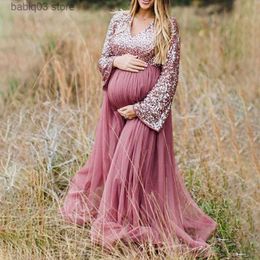 Maternity Dresses Elegant Pregnancy Dress Photo Shoot Large Swing Sequin Causal Soft Maternity Gown 2022 Solid Colour V-neck Long Sleeve Pink Skirt T230523