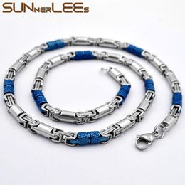 Necklaces SUNNERLEES 316L Stainless Steel Necklace 6mm Geometric Byzantine Link Chain Blue Silver Colour Men Women Jewellery Gift SC42 N