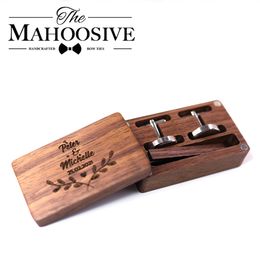Personalized Mens Shirt Cufflinks Box Customized Cufflink Wedding Gifts for Groom Engraved LOGO Wood tie Clips Engraving