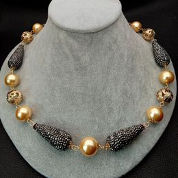 Necklaces 21" 16mm Yellow Sea Shell Pearl round Necklace black macarsite teardrop Pave Connector punk style for women