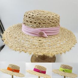 Wide Brim Hats Women's Summer Lafite Straw Hat Colorful Trifold Decorative Hollow Out Design Fashion Sunscreen Beach