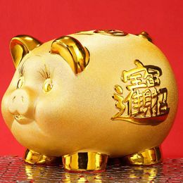 Decorative Objects Figurines Creative Golden Pig Ceramic Piggy Bank 2023 New Kids Coin Bank Cute Cartoon Piggy Bank Gift Craft Money Box Savings Home Decor G230523