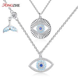 Necklaces TONGZHE Fishtail Lucky Evil Eye CZ 925 Sterling Silver Necklace Women Blue Crystal Pendant Turkey Jewellery Wholesale Lots Bulk