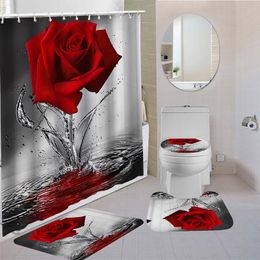 Shower Curtains Rose Flower Shower Curtain Set Non-Slip Rugs Bath Mat Toilet Lid Cover and 12 Hooks Waterproof Polyester Bathroom Decor 230523