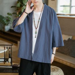 Ethnic Clothing Asian Clothes Solid Colour Gray Half Sleeve Coat Streetwear Chinese Style Cotton Linen Kimono Cardigan Yukata Haori Plus