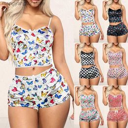 Women's Sleepwear 2 Pieces Pyjamas Women Butterfly Printed Soft Sexy Velvet Sleepwear Suit Lace Lingerie Nightwear Pleated Lady Top+Loose Shorts T230523