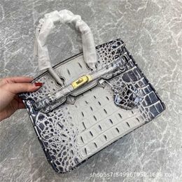 Bag Tote Tagging+lock Head Platinum Leather Top Layer Cow Skin Crocodile Bone Ridge Colour Contrast Gradient Large Capacity Women's