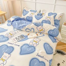 Bedding sets Cute Bear Bedding Set Girls Boys Kids Single Double Size Flat Sheet Duvet Cover Pillowcase Bed Linens White Blue Home Textile 230522