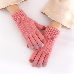 Five Fingers Gloves Knitted Woolen Fleece Black Hand Warmer Mittens Women's Winter Touch Screen Mobile Phone Riding Game Student Work