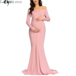 Maternity Dresses Women's Off Shoulder Maternity Slim Fitted Gown Cross-Front V Neck Wrap Ruched Long Sleeve Pregnancy Maxi Photography Dress T230523