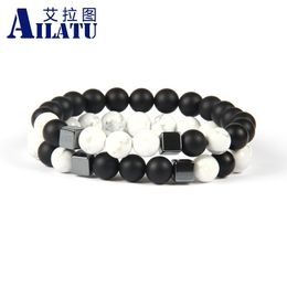 Bangle Ailatu Wholesale 10 Pieces 8mm Onyx and White Howlite Marble Stone Square Beaded Couples Distance Bracelet Fashion Lover Gift