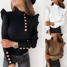 2023 Women Sexy Slim Ruffle Shirt Blouse Office Lady Casual O Neck Ribbed Tops Pullover Autumn Winter Butterfly Long Sleeve