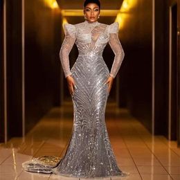 2023 May Aso Ebi Silver Mermaid Prom Dress Beaded Sequined Lace Evening Formal Party Second Reception Birthday Engagement Gowns Dress Robe De Soiree ZJ307