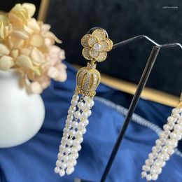 Dangle Earrings European Sparkling Zircon Rose Flower Long Wedding Crown Tassel Bride Romance White Bead Exaggeration Fine Jewellery