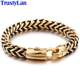 Bangle 8MM Braided Leather Wrap Bracelet Men Luxury Gold Plated Stainless Steel Men's Bracelets For Men Indian Jewelry Birthday Gifts