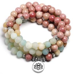 Bangle Natural Rhodochrosite With ite stone 8MM Beaded Strand Bracelet Women Yoga Jewellery 108 Mala Beads LoTUS cHARM Bracelets