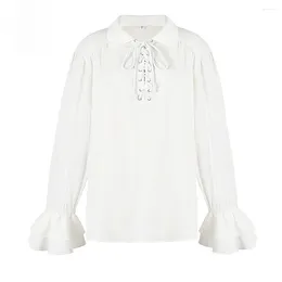 Men's Dress Shirts Men's Steampunk Gothic Shirt With Flare Sleeve Turn-Down Collar And White Lace-Up Front