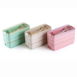 Lunch Boxes Bags Wheat St Box Microwave Bento Boxes Three Tier Dinner Health Natural Student Portable Food Storage 3 Colours Drop Del Dhb0K