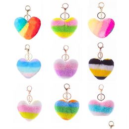 Keychains Lanyards Rainbow Stitching Plush Keychain Pendant Creative Heart Shaped Rabbit Fur Key Chain Car Christmas Gift Drop Del Dh263