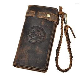 Wallets Crazy Horse Leather Handmade Male Long Designer Casual Chain Wallet Fashion Multi-layer Day Clutch Bag Purse 3377