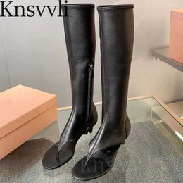 Boots New Kitten Heels Knee High Boots Women Runway Shoes Flip-Flops Genuine Leather Stretch Boots High Heels Summer Long Boots Woman X230523