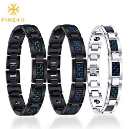 Bracelets FINE4U B393 Mens Blue Carbon Fiber Titanium Magnetic Bracelet Magnet Bracelet for Pain Relief