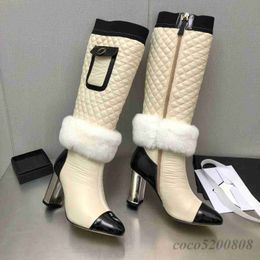 Boots Women Long Boots Fashion Genuine Leather Mixed Colour Warm Fur Woman Knee High Booties Runway Outfit Chunky High Heels Bota Woman X230523