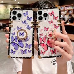 Luxury Bling Glitter Butterfly Golden phantom Flower Phone Case for iPhone 15 14 13 Pro Max 11 12 Pro Max XR X XS Ring stand metal Shockproof Square TPU Cover